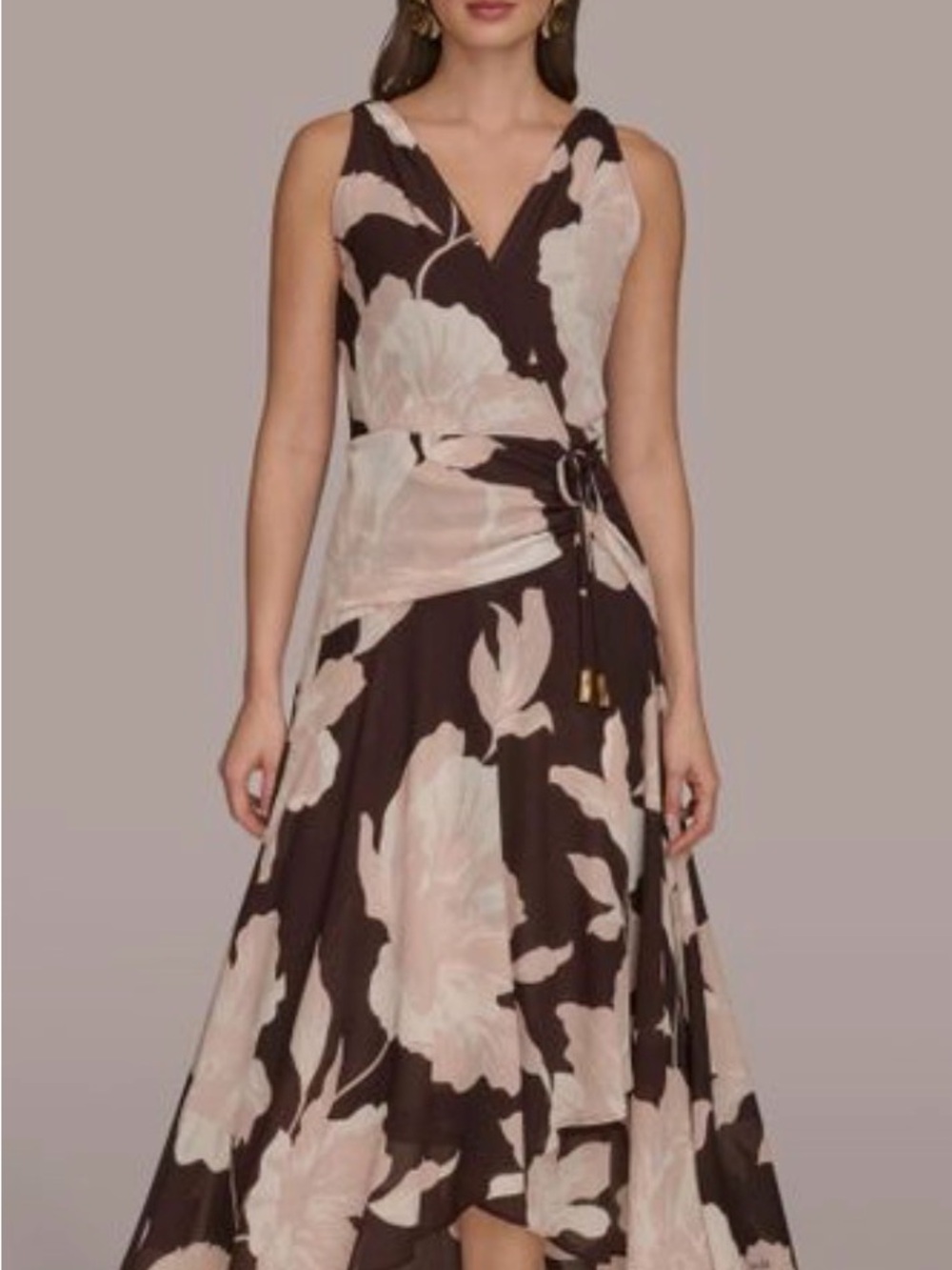 Donna Karan Brown and Cream Floral High-Low Faux Wrap Dress